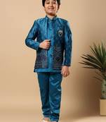 Boys teal blue satin buti embroidered panel work sequined sherwani & trouser set with shrug