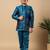 Boys teal blue satin buti embroidered panel work sequined sherwani & trouser set with shrug