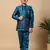 Boys teal blue satin buti embroidered panel work sequined sherwani & trouser set with shrug