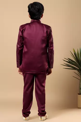 Boys burgundy satin wavy embroidered sequined sherwani & trouser set with shrug and necklace