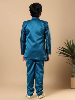 Boys teal blue satin buti embroidered panel work sequined sherwani & trouser set with shrug 2
