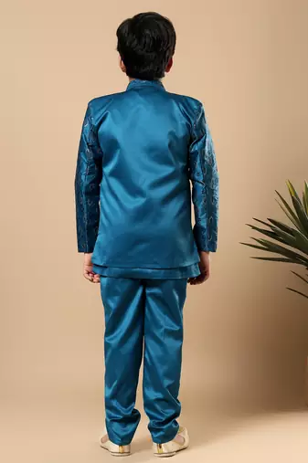 Boys teal blue satin buti embroidered panel work sequined sherwani & trouser set with shrug