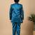 Boys teal blue satin buti embroidered panel work sequined sherwani & trouser set with shrug