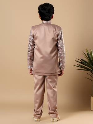 Boys taupe brown satin geometric diamond jaal embroidered sequined sherwani & trouser set with shrug 2
