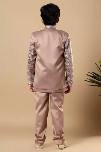 Boys taupe brown satin geometric diamond jaal embroidered sequined sherwani & trouser set with shrug