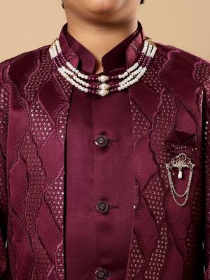 Boys burgundy satin wavy embroidered sequined sherwani & trouser set with shrug and necklace 3