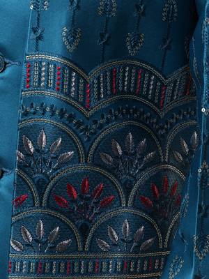 Boys teal blue satin buti embroidered panel work sequined sherwani & trouser set with shrug 3