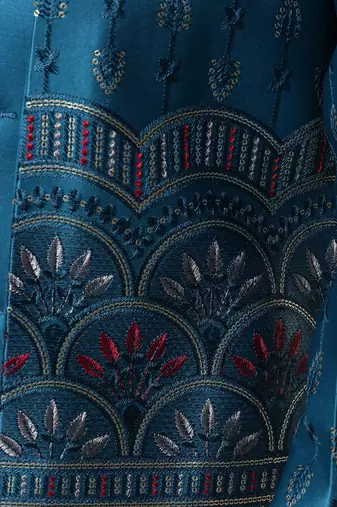 Boys teal blue satin buti embroidered panel work sequined sherwani & trouser set with shrug