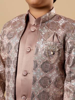 Boys taupe brown satin geometric diamond jaal embroidered sequined sherwani & trouser set with shrug 3