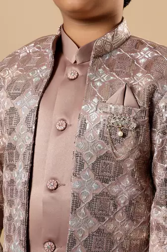 Boys taupe brown satin geometric diamond jaal embroidered sequined sherwani & trouser set with shrug