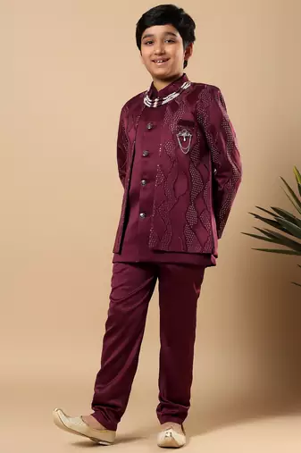 Boys burgundy satin wavy embroidered sequined sherwani & trouser set with shrug and necklace