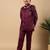 Boys burgundy satin wavy embroidered sequined sherwani & trouser set with shrug and necklace