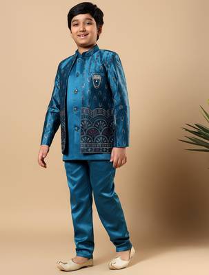 Boys teal blue satin buti embroidered panel work sequined sherwani & trouser set with shrug 4