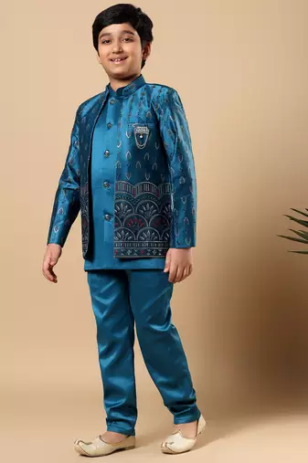 Boys teal blue satin buti embroidered panel work sequined sherwani & trouser set with shrug