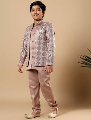 Boys taupe brown satin geometric diamond jaal embroidered sequined sherwani & trouser set with shrug 4