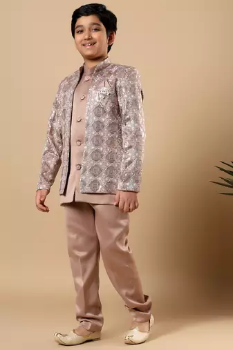 Boys taupe brown satin geometric diamond jaal embroidered sequined sherwani & trouser set with shrug