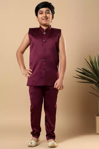Boys burgundy satin wavy embroidered sequined sherwani & trouser set with shrug and necklace