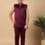 Boys burgundy satin wavy embroidered sequined sherwani & trouser set with shrug and necklace
