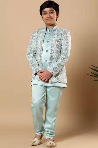 Boys aqua blue satin geometric diamond jaal embroidered sequined sherwani & trouser set with shrug