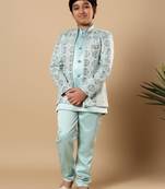 Boys aqua blue satin geometric diamond jaal embroidered sequined sherwani & trouser set with shrug