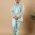 Boys aqua blue satin geometric diamond jaal embroidered sequined sherwani & trouser set with shrug