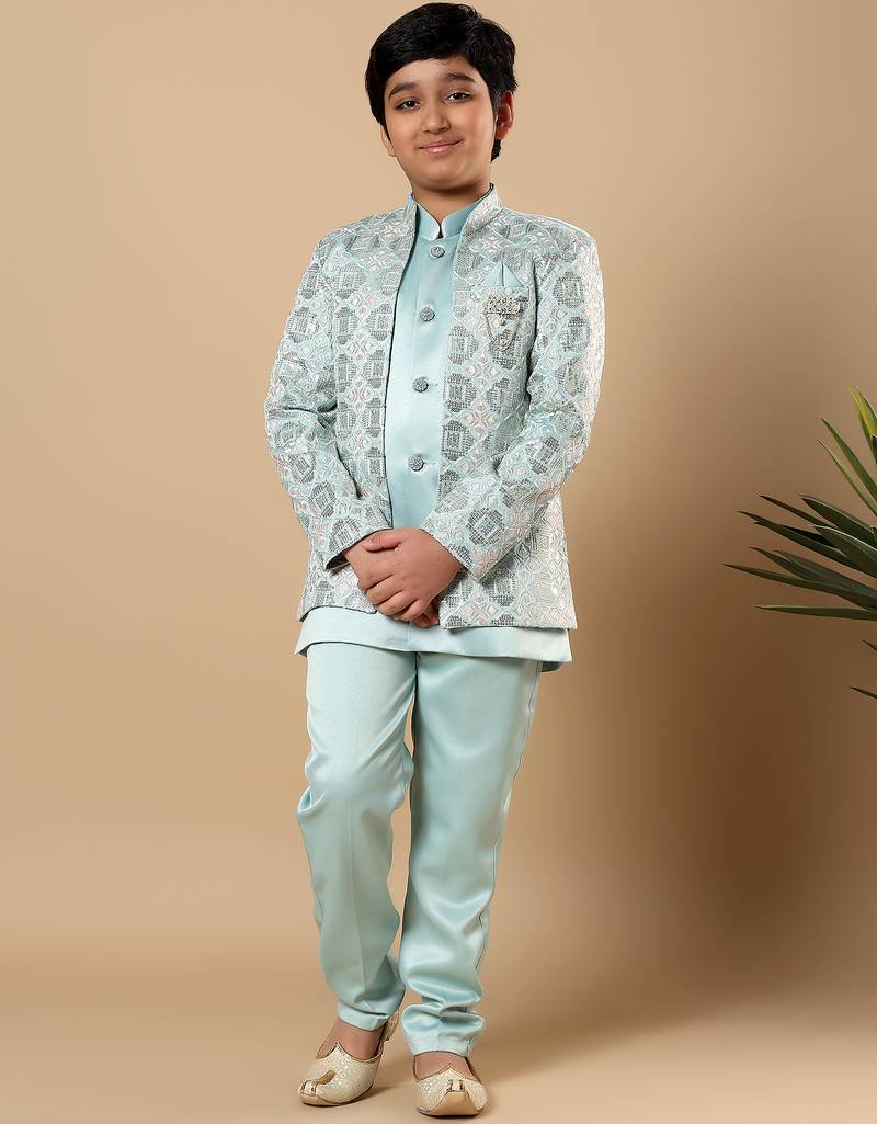 Boys aqua blue satin geometric diamond jaal embroidered sequined sherwani & trouser set with shrug