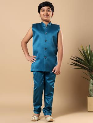 Boys teal blue satin buti embroidered panel work sequined sherwani & trouser set with shrug 5