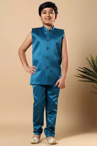 Boys teal blue satin buti embroidered panel work sequined sherwani & trouser set with shrug