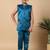 Boys teal blue satin buti embroidered panel work sequined sherwani & trouser set with shrug