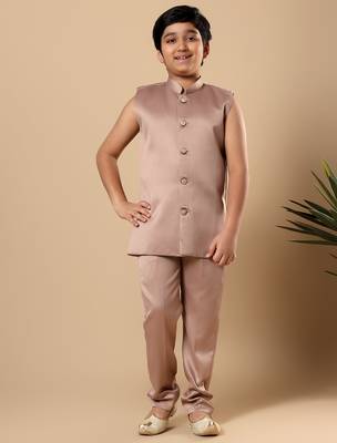 Boys taupe brown satin geometric diamond jaal embroidered sequined sherwani & trouser set with shrug 5