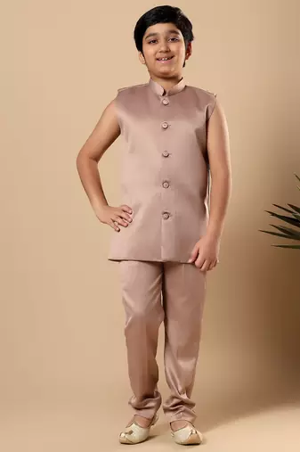 Boys taupe brown satin geometric diamond jaal embroidered sequined sherwani & trouser set with shrug