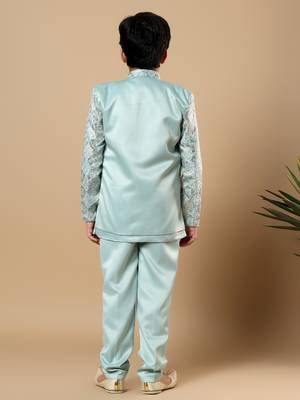 Boys aqua blue satin geometric diamond jaal embroidered sequined sherwani & trouser set with shrug 2