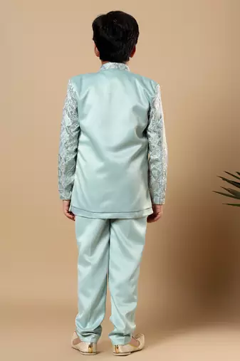 Boys aqua blue satin geometric diamond jaal embroidered sequined sherwani & trouser set with shrug
