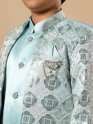 Boys aqua blue satin geometric diamond jaal embroidered sequined sherwani & trouser set with shrug 3