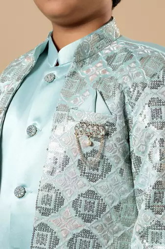 Boys aqua blue satin geometric diamond jaal embroidered sequined sherwani & trouser set with shrug