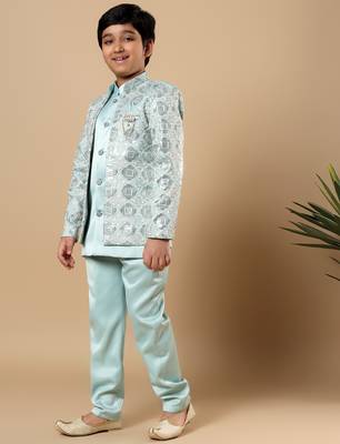 Boys aqua blue satin geometric diamond jaal embroidered sequined sherwani & trouser set with shrug 4