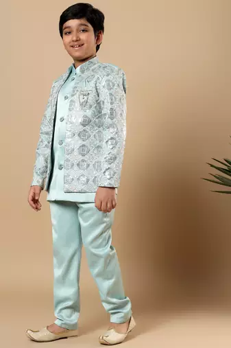 Boys aqua blue satin geometric diamond jaal embroidered sequined sherwani & trouser set with shrug