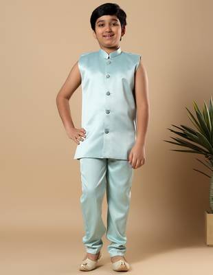 Boys aqua blue satin geometric diamond jaal embroidered sequined sherwani & trouser set with shrug 5