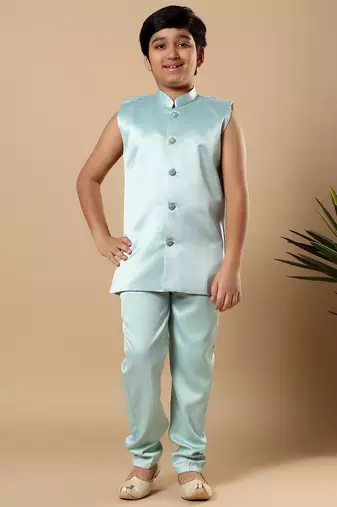 Boys aqua blue satin geometric diamond jaal embroidered sequined sherwani & trouser set with shrug