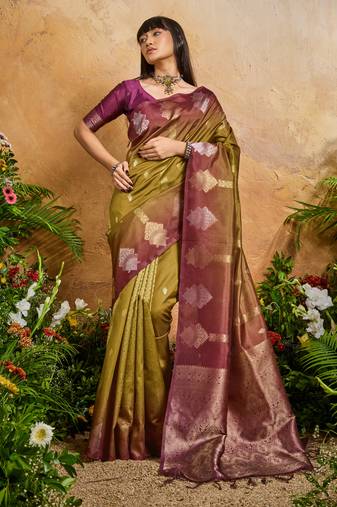 mehndi handloom weaving paper silk blend tradional wear saree