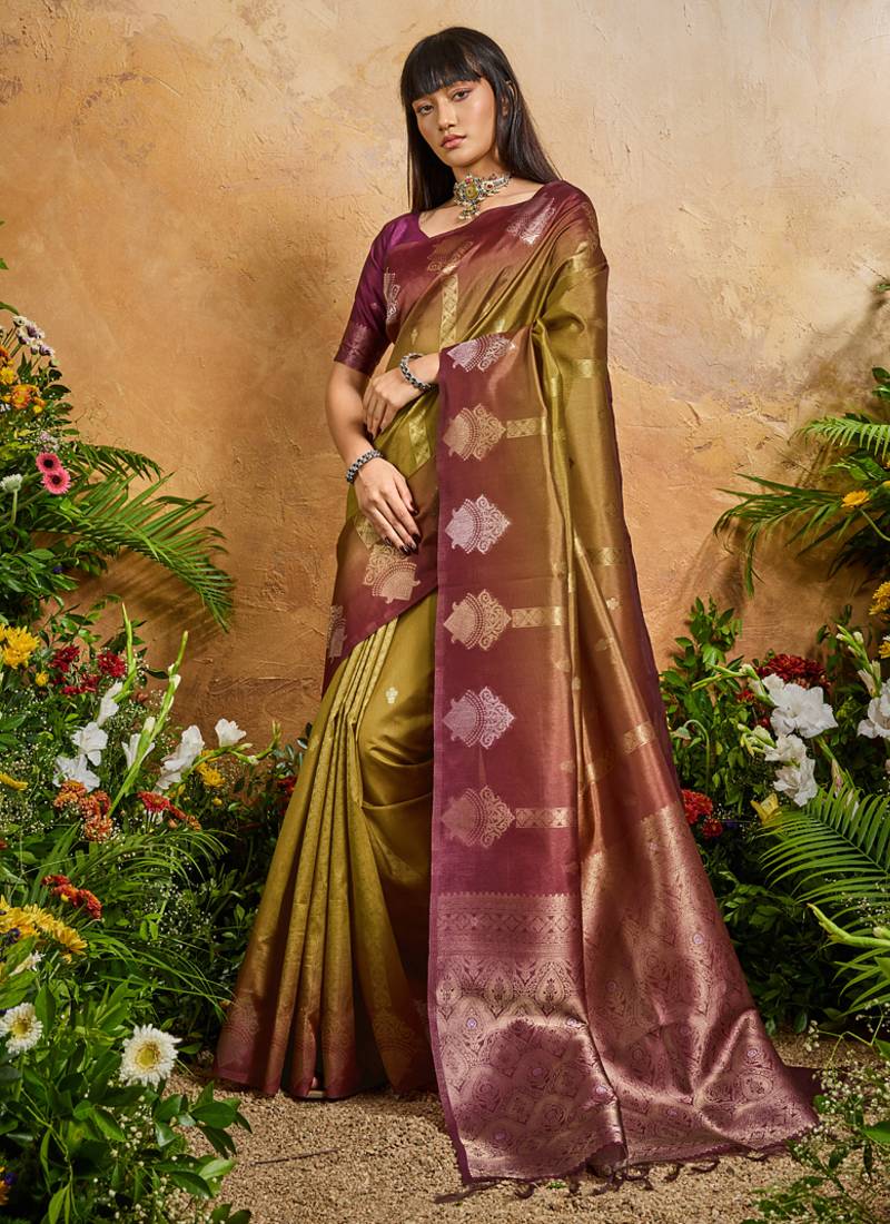 mehndi handloom weaving paper silk blend tradional wear saree