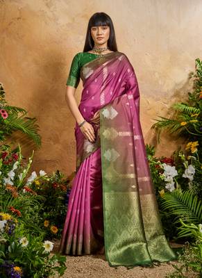 pink handloom weaving paper silk blend tradional wear saree 1