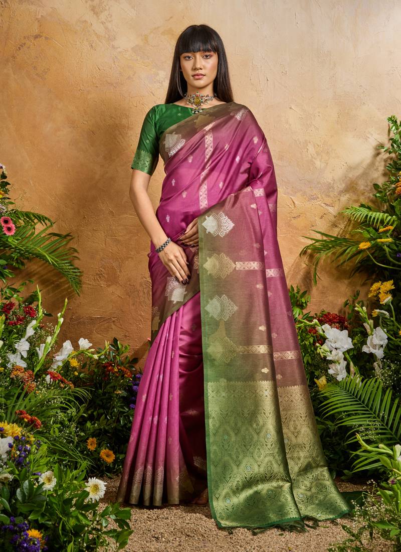 pink handloom weaving paper silk blend tradional wear saree