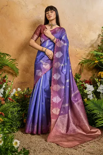 blue handloom weaving paper silk blend tradional wear saree