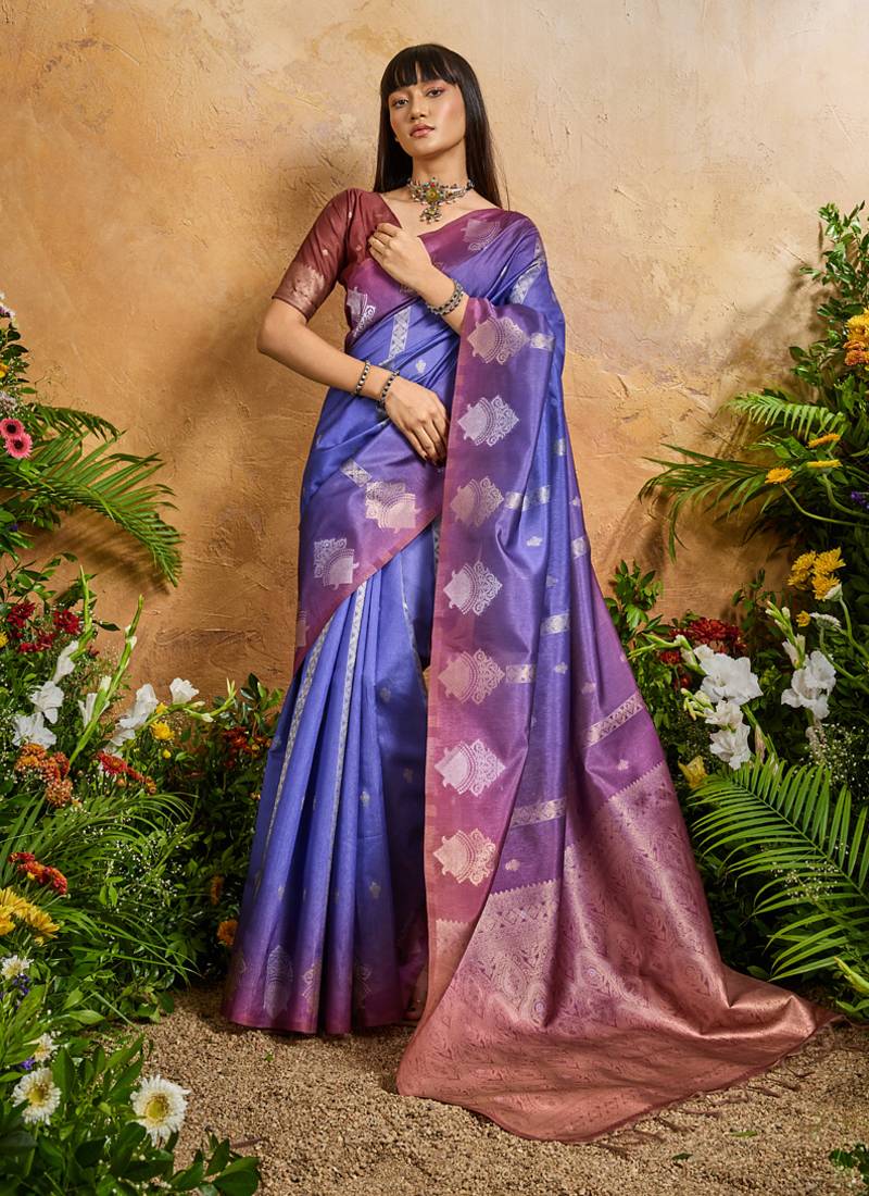 blue handloom weaving paper silk blend tradional wear saree