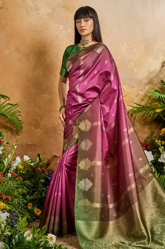 pink handloom weaving paper silk blend tradional wear saree