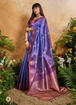 blue handloom weaving paper silk blend tradional wear saree 2