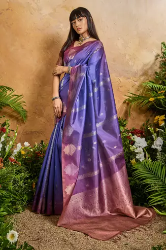 blue handloom weaving paper silk blend tradional wear saree