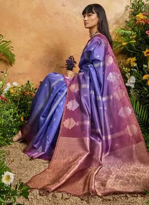 blue handloom weaving paper silk blend tradional wear saree 4