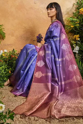 blue handloom weaving paper silk blend tradional wear saree